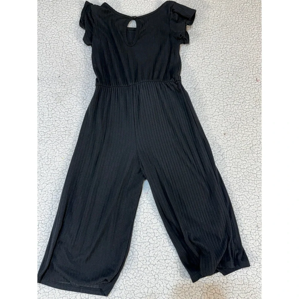 Girls Black Ribbed Knit Jumpsuit Front Tie Flutter Sleeve Wide Leg‎ Size 7/8